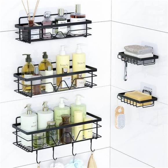 5 Pack Shower Caddy Shelves Organizer with 4 Hooks, Self Adhesive Rack Storage - Picture 1 of 8